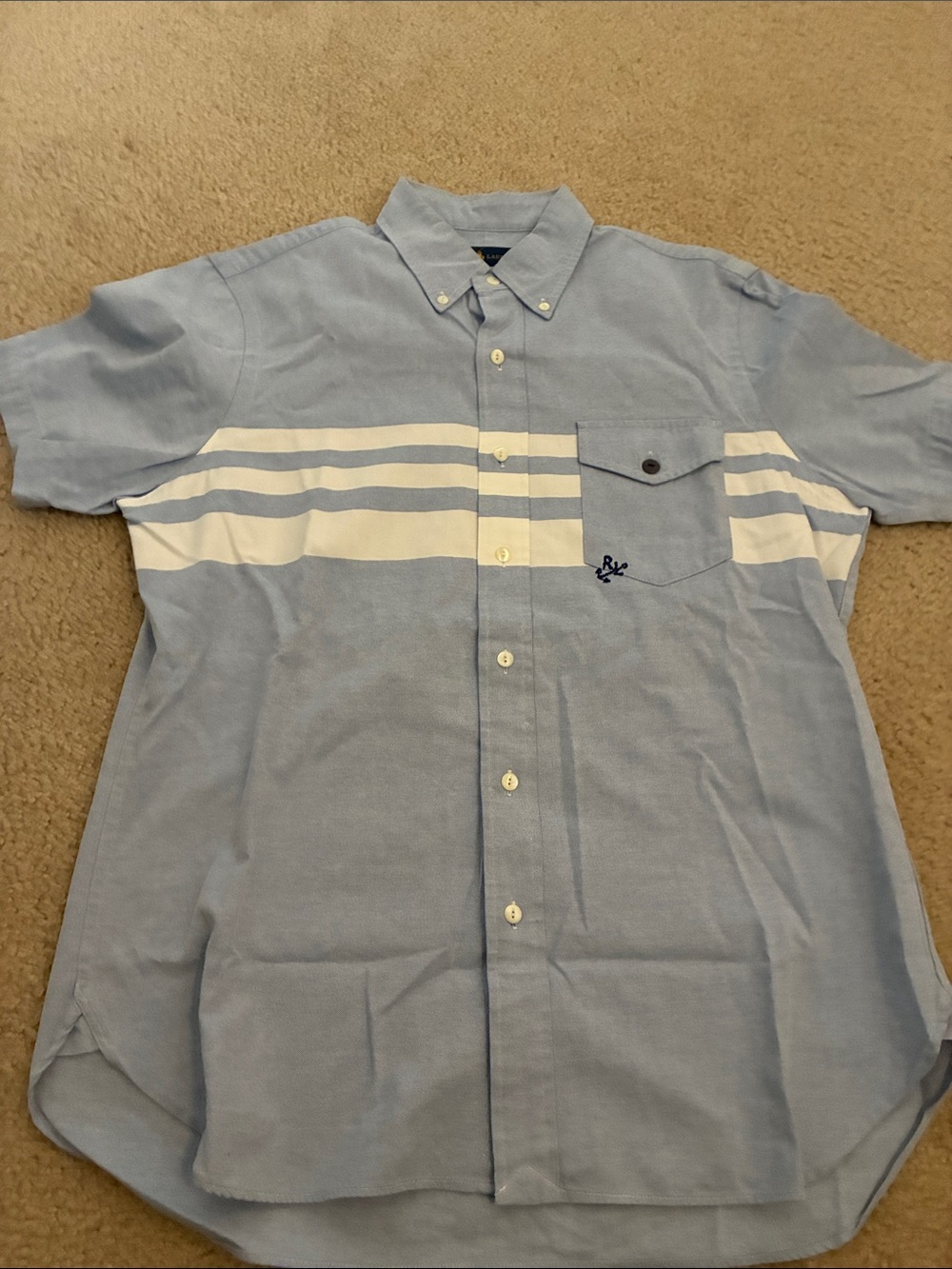 Ralph Lauren Light Blue Short-Sleeve Button-Down Shirt with White Stripes